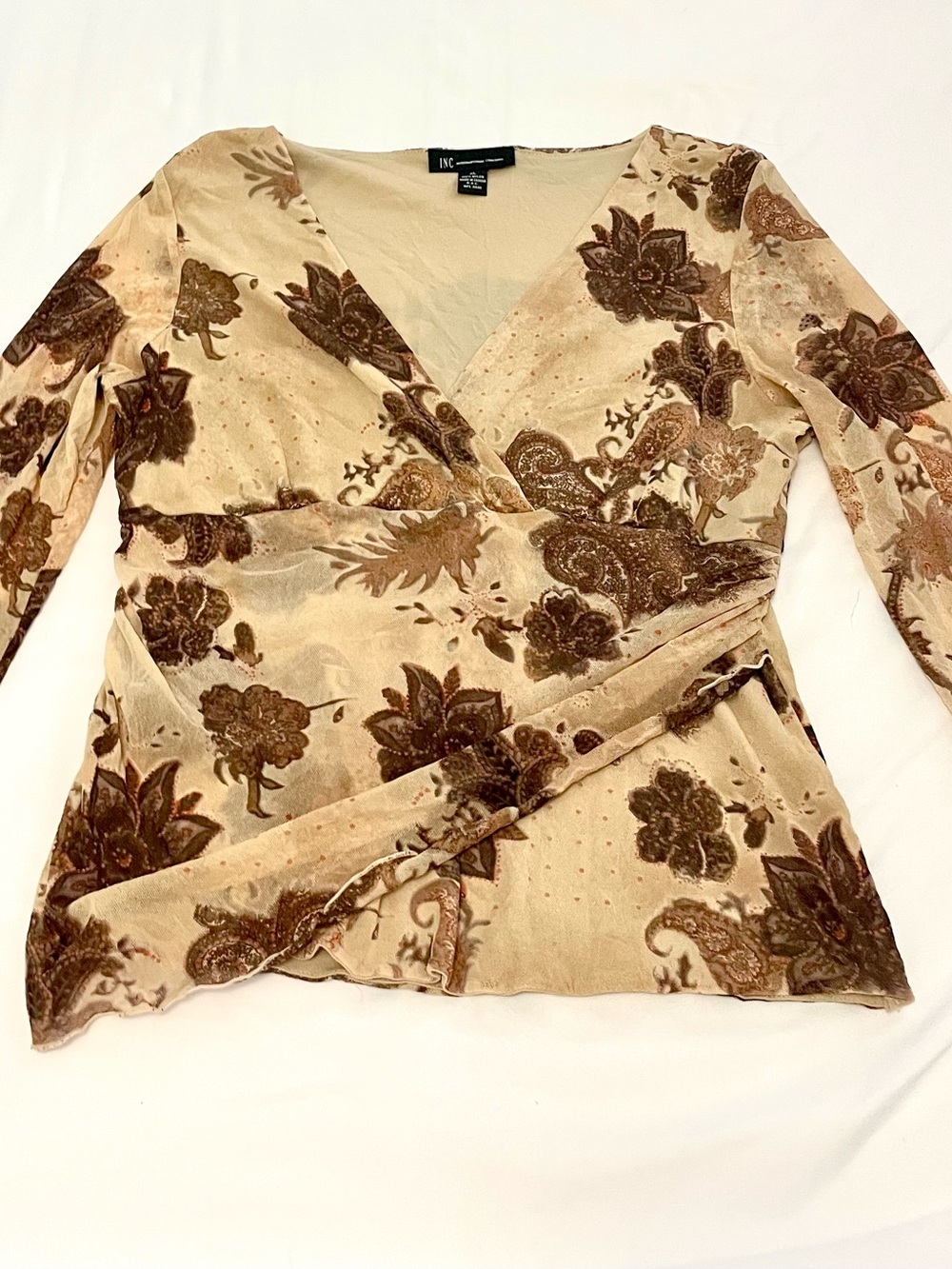 Vintage V-Neck Beige Floral Wrap Topped